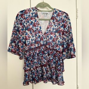 Ganni Multicolor Floral V-Neck Pleated Tiered Blouse